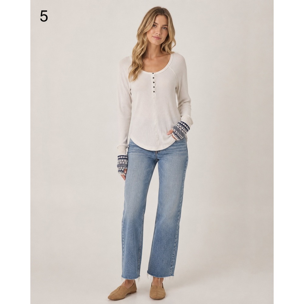 Free People Alpine Cuff Sleeve Thermal Henley Waffle Knit Women's S White Blue